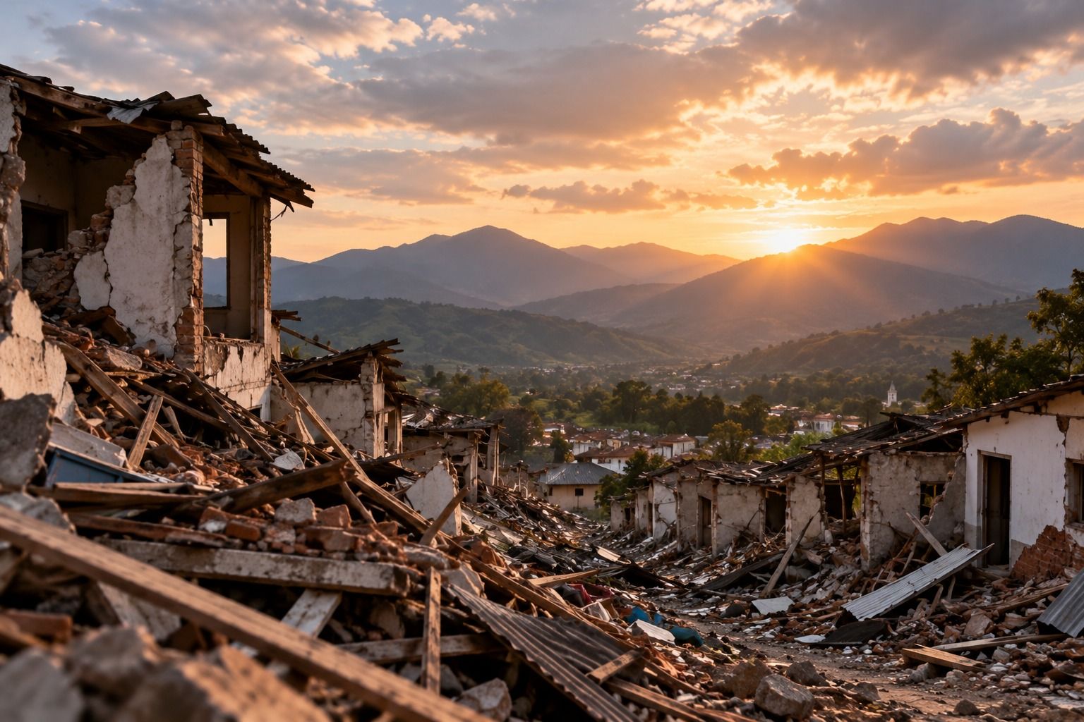 Familia observando su pueblo desde una colina al atardecer