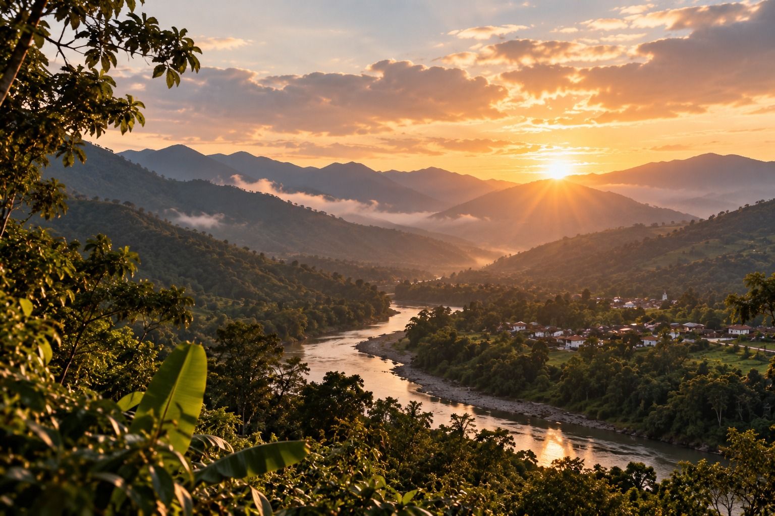 Valle con río y un poblado entre montañas, iluminado por el atardecer