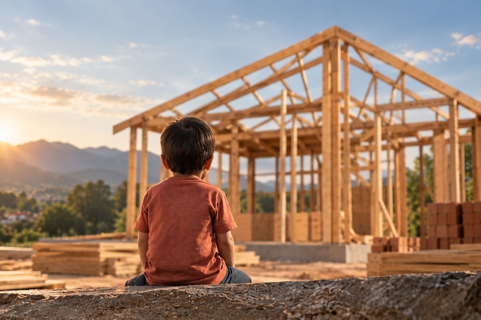 Niño frente a una estructura en construcción