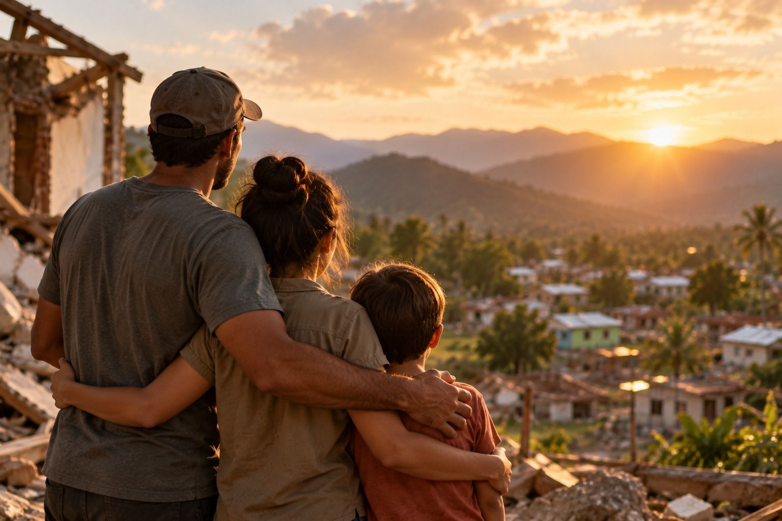 Una familia abraza a su hijo frente a las ruinas de su casa, mirando el valle al atardecer tras el terremoto.